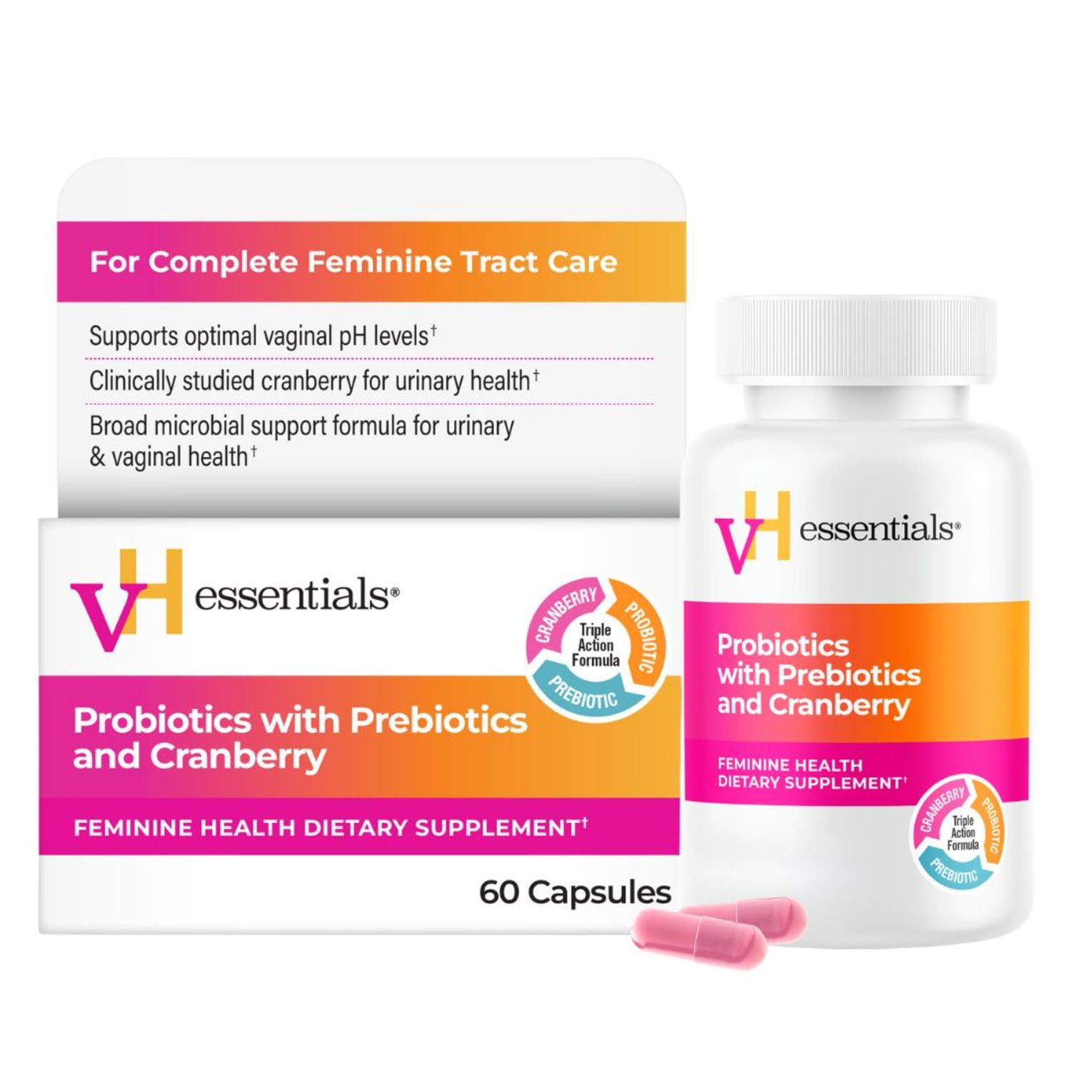 vH Essentials Probiotics with Prebiotics and Cranberry Feminine Health Supplement - 60 Capsules