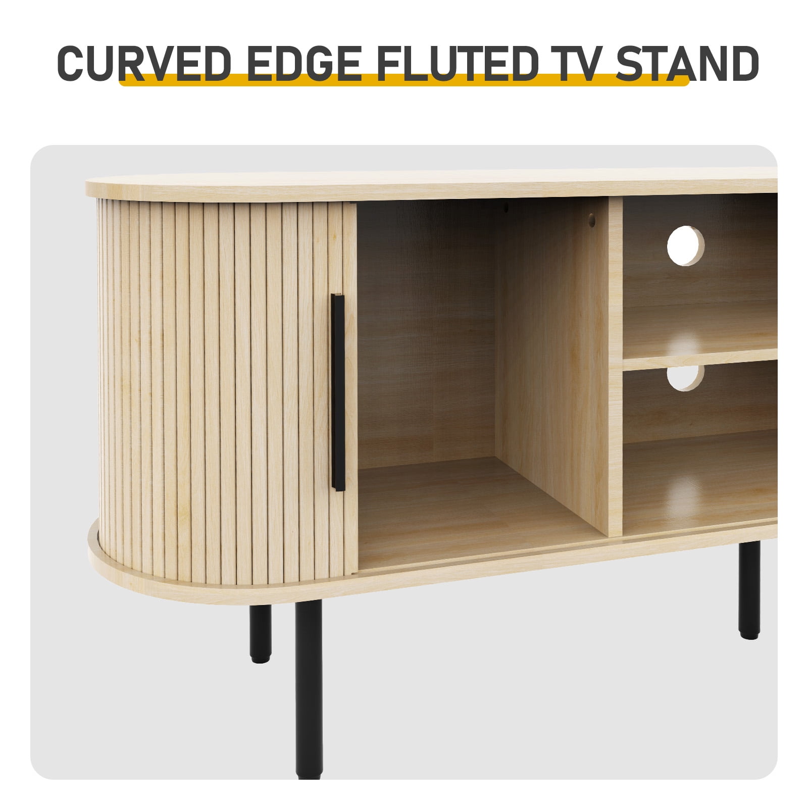 Embossed Particle Board TV Stand, Oval Tabletop 147x35x58cm, Modern Entertainment Center with Sliding Grid Doors, Media Console Cabinet for Living Room Home Decor, Oak Color