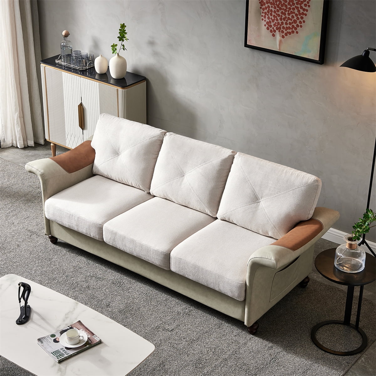 Modern Accent Sofa, Linen Fabric Faux Leather Love Seat with Solid Wood