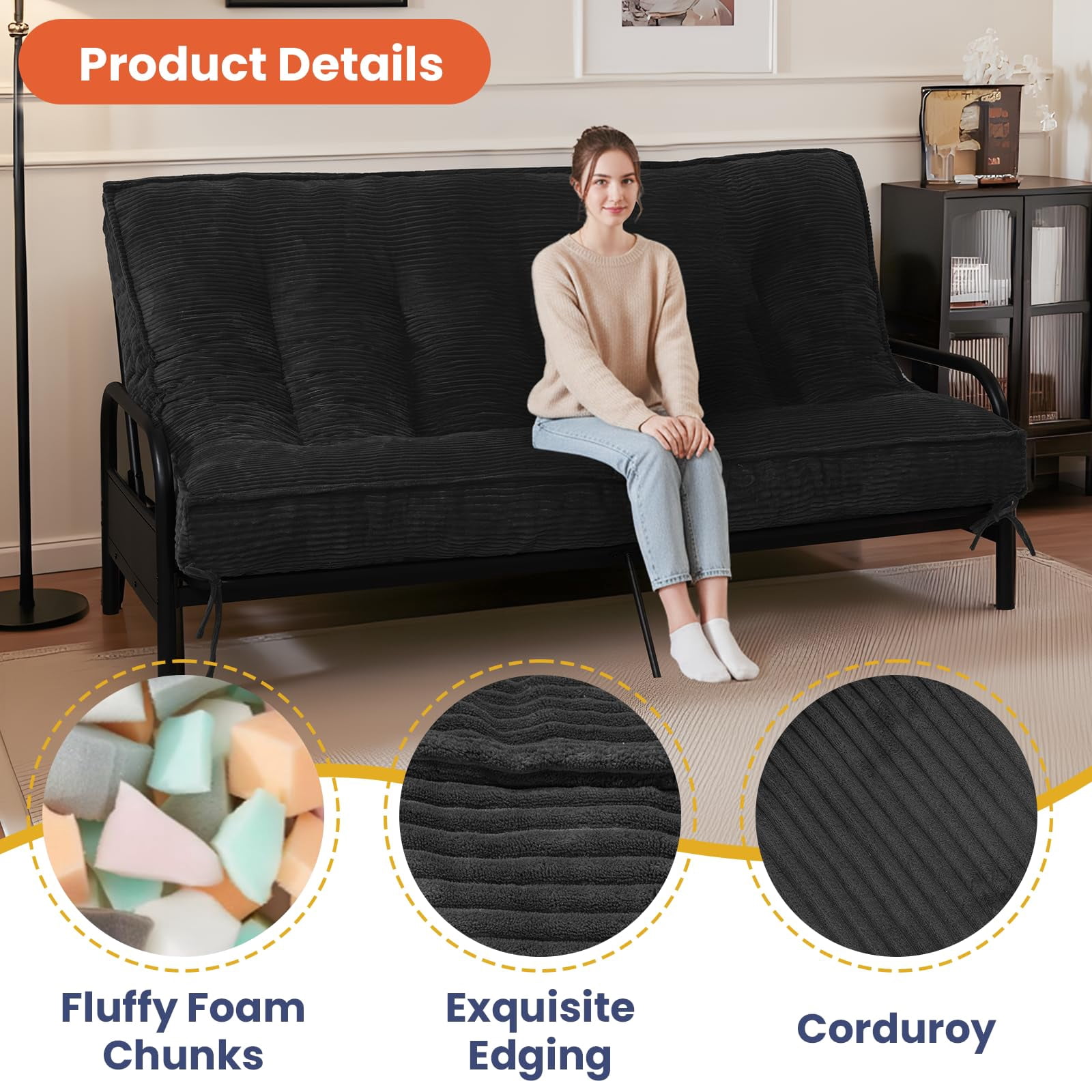 8 Inch Futon Mattress Full Size, Futon Floor Sofa Bed Foldable with Soft Corduroy Fabric  - 2 Storage Straps for Home, Guest Room, Dorm(Frame Not Included)