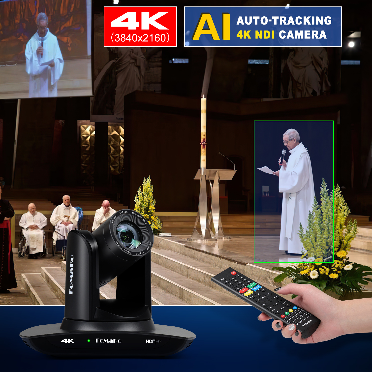 FoMaKo 4K PTZ Camera HDMI 1080P60 AI Auto-Tracking PTZ Camera 20X Optical Zoom, USB3.0 LAN HDMI PTZ Camera 4K for Church Worship Education Conference Events, K20UH