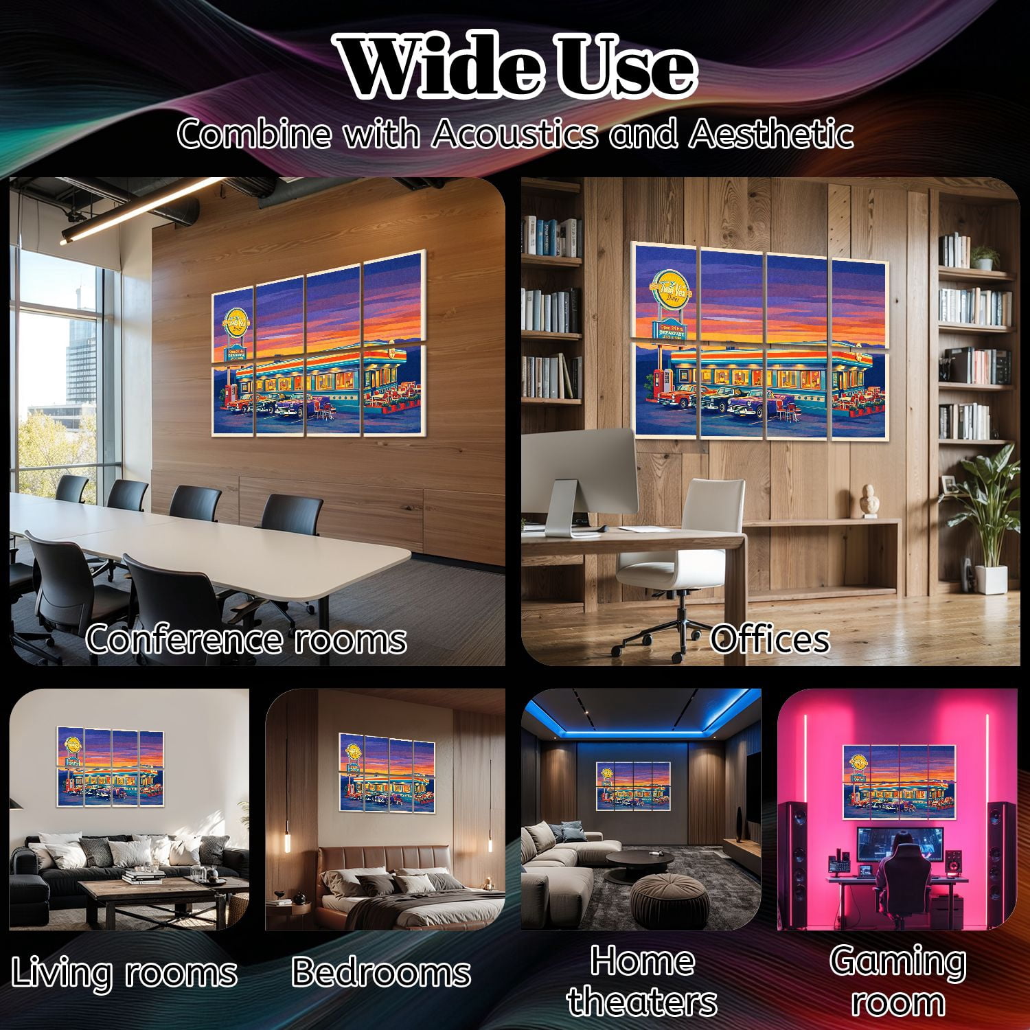 8 Pack Art Acoustic Panels Sound Absorbing american diner small town sunset Decorative Soundproof Wall Panels Self Adhesive for Nursery Game Room Bedroom 48"x32"