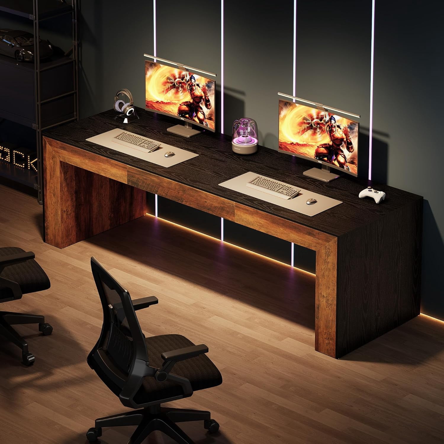 86.6-Inch Long Computer Desk for 2 Person, Farmhouse Executive Desk with Wooden Tabletop and Legs