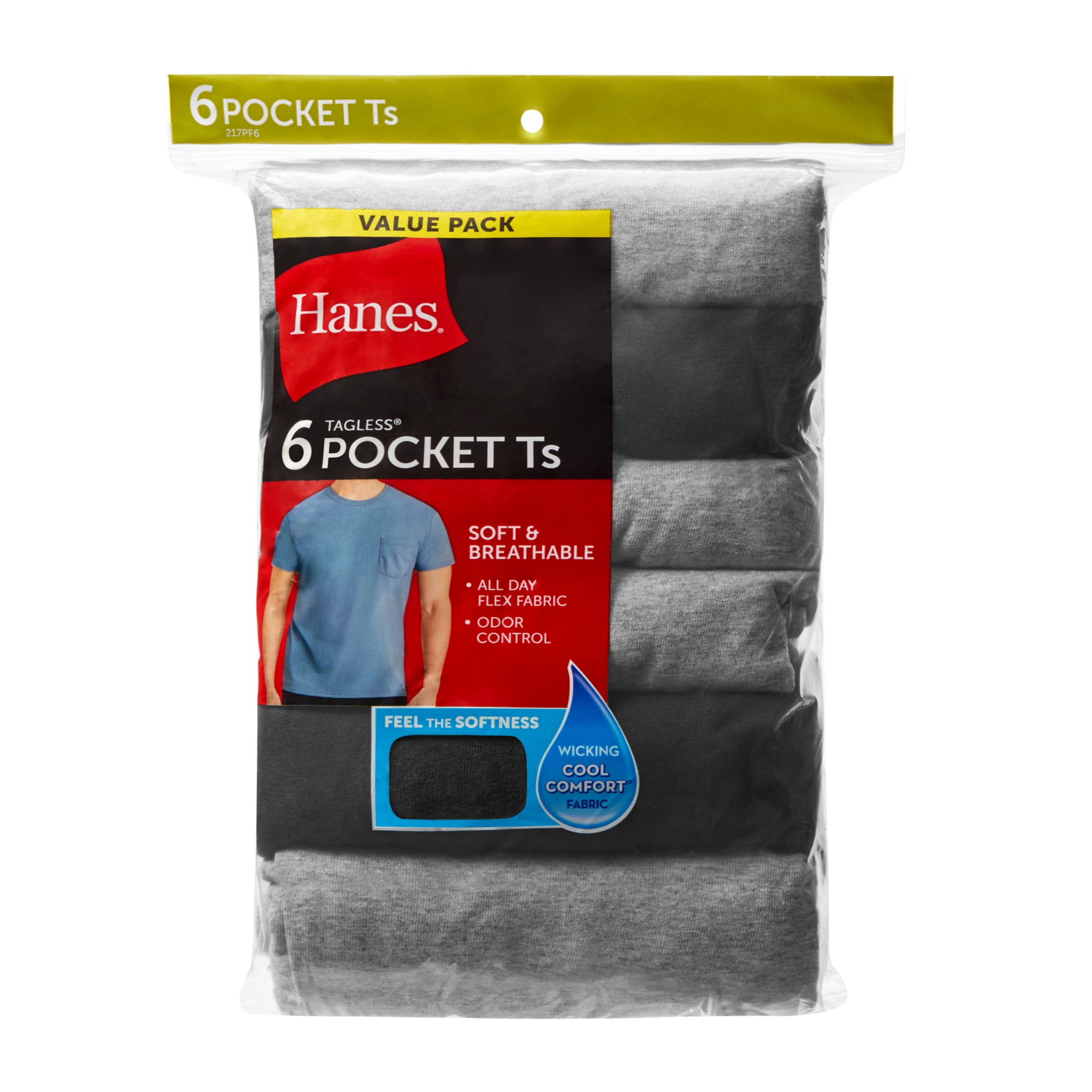 Hanes Men's Cotton Pocket T-Shirt Pack with Odor Control, Moisture-Wicking, Black/Grey, 6-Pack