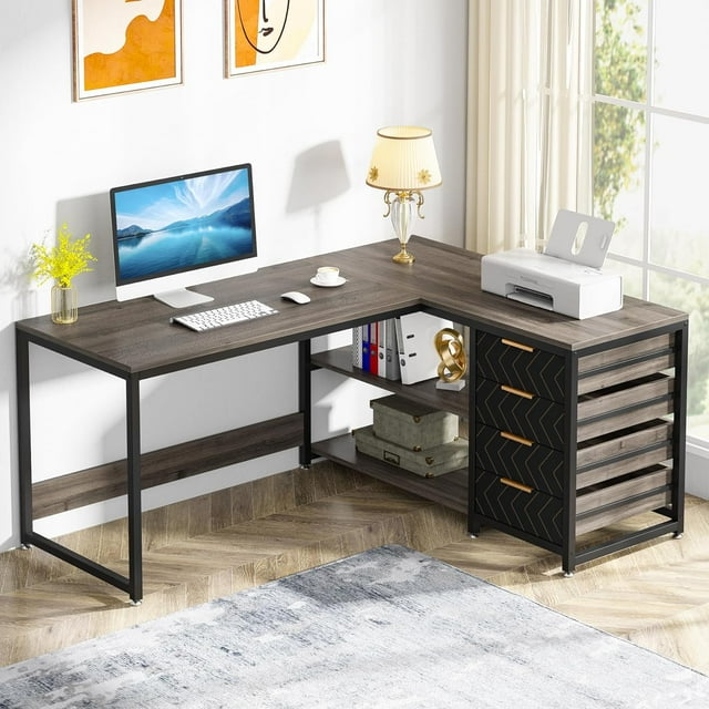 Tribesigns 59" L Shaped Computer Desk with Drawers, Wood Writing Table for Home Office, Gray