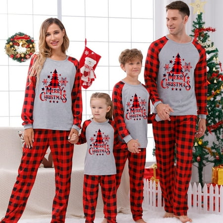 

Homchy Men Dad Christmas Deer Plaid Prints Family Matching Long Sleeve Tops+Pants Set