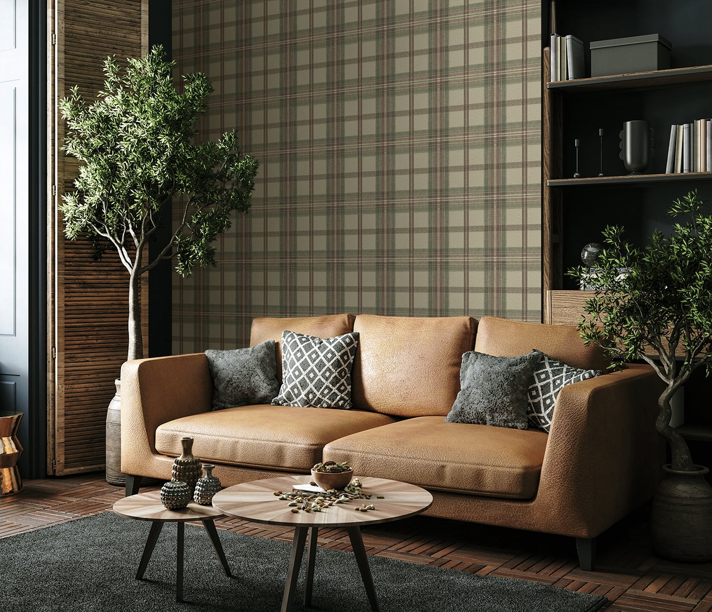 Harry & Grace Clay & Sage Herringbone Plaid Premium Matte Non-Woven Peel and Stick Wallpaper - 20.5 in. W x 18 ft. L Roll
