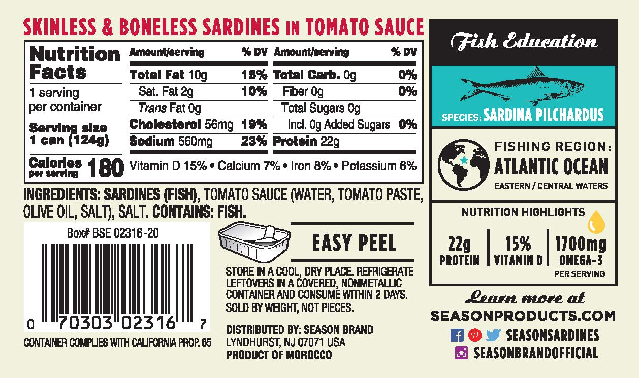 Season Wild Caught Skinless & Boneless Sardines in Tomato Sauce - Savory Flavor, Mediterranean Cuisine, Omega-3 - 12 Pack, 4.375 Oz