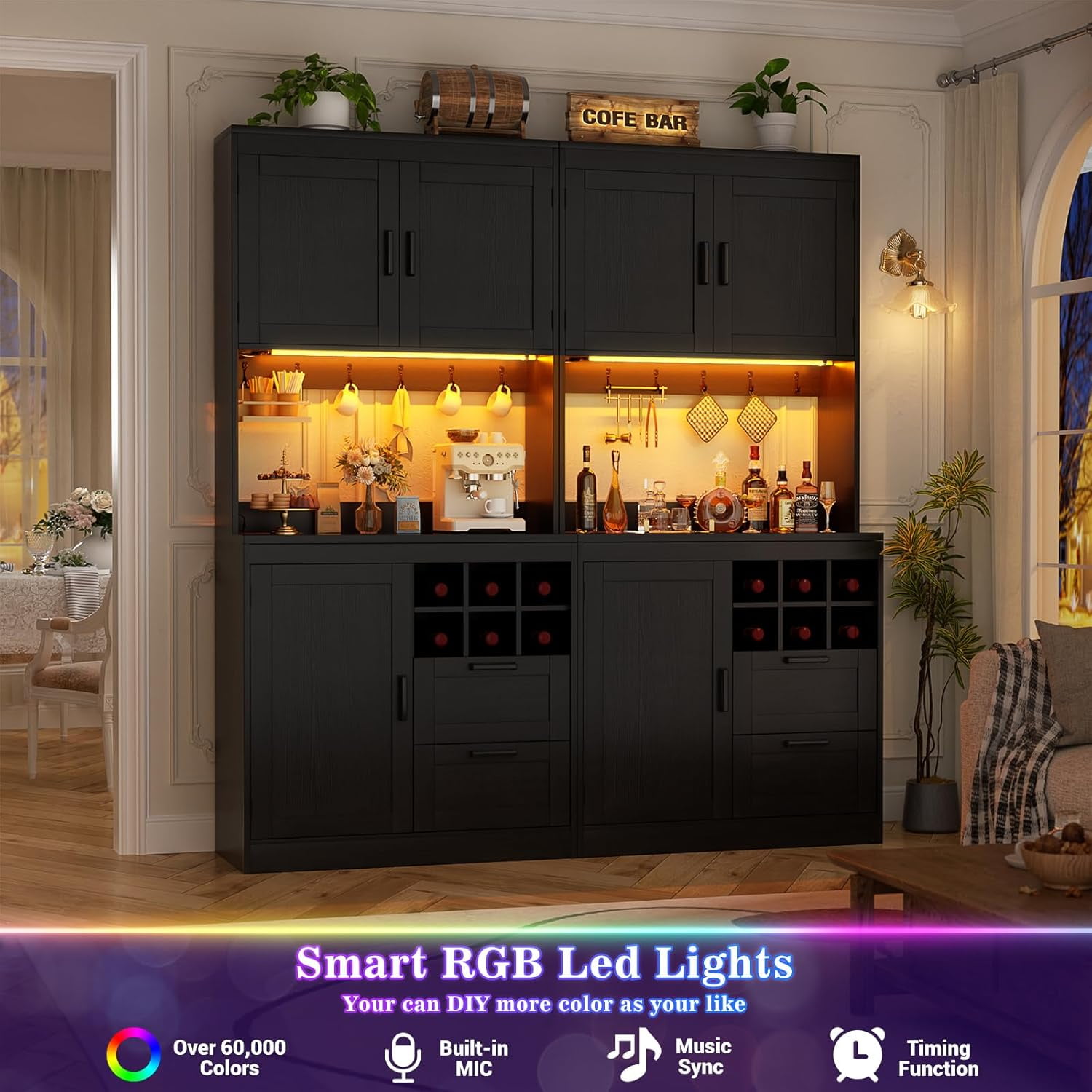 Homieasy 72'' Tall Pantry Cabinet with Outlet & LED Light, 63'' Wide Kitchen Hutch Bar with Microwave Stand, Drawers, Wine Rack & Shelves, Cupboard for Dining Room, Dark Black