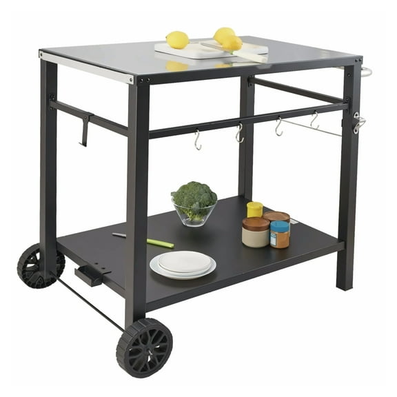 Outdoor Grill Cart, BBQ Prep Table with Double Shelf & Wheels - Portable Iron Worktable for Patio, Camping, Black