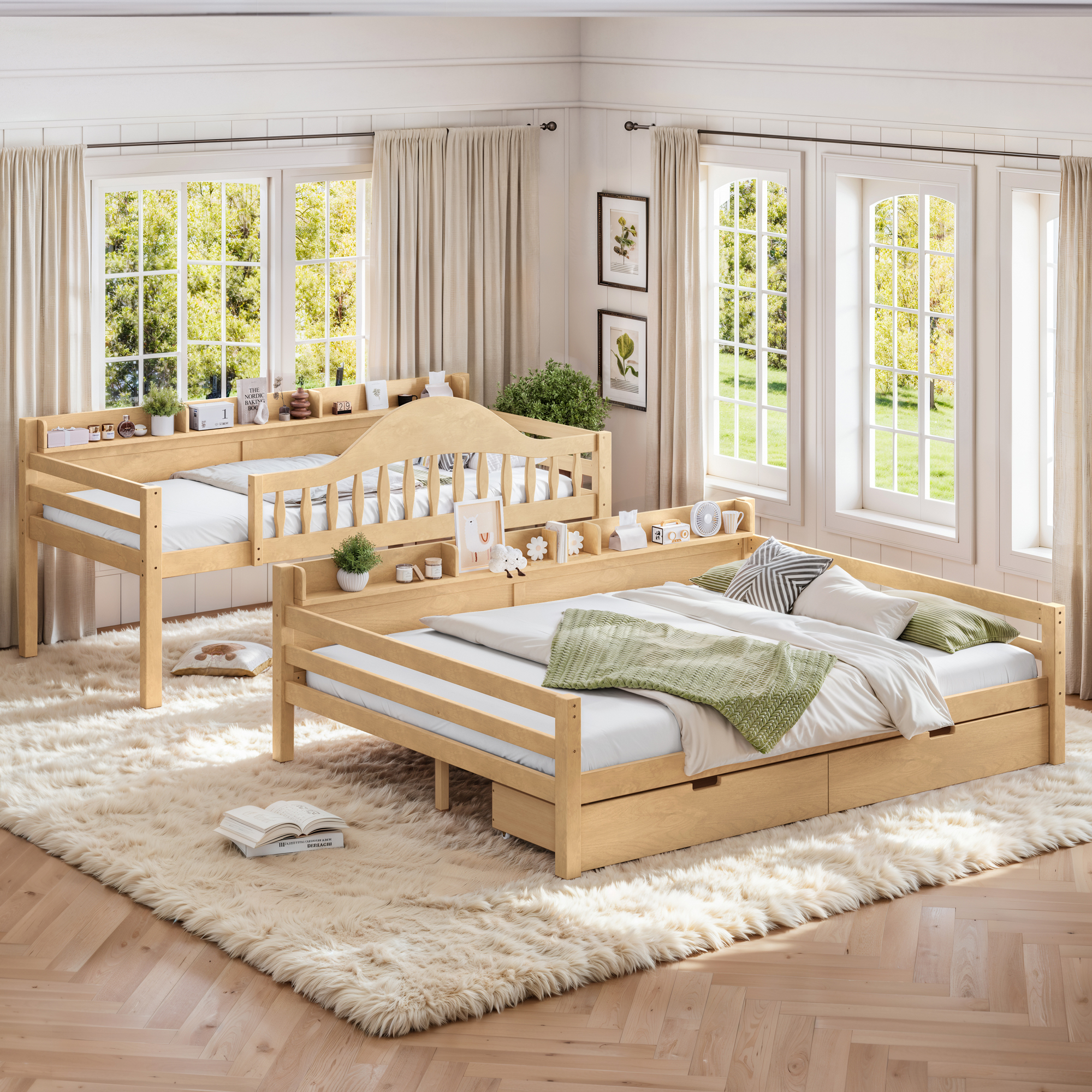 Leumius Twin XL over Queen Bunk Bed with Storage Drawers, Chic Curved Guardrail & Side Storage Shelves, Bunk Bed Frame with Ladder Natural