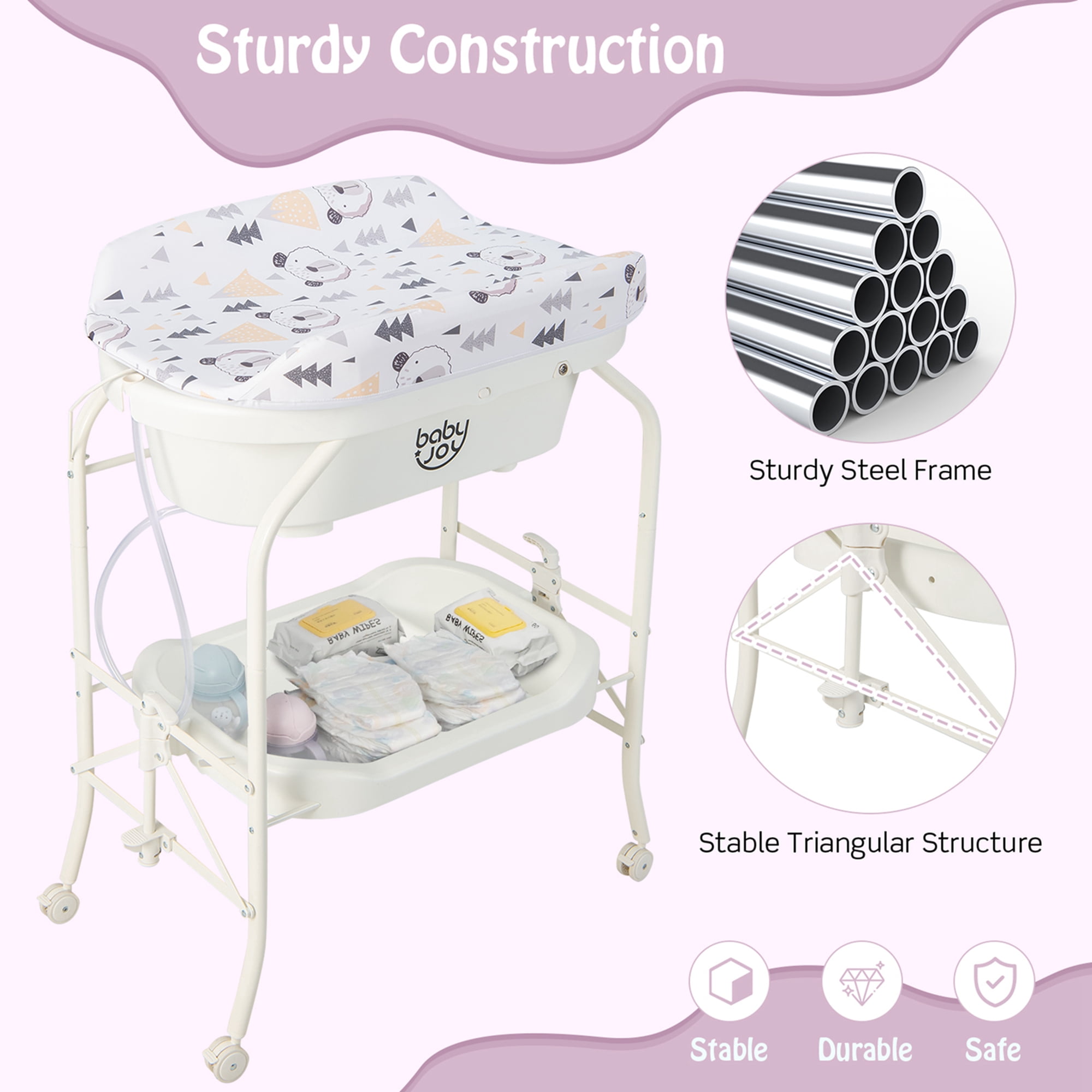 Babyjoy Changing Table with Bathtub Folding Portable Diaper Station Steel 0-12 Months White