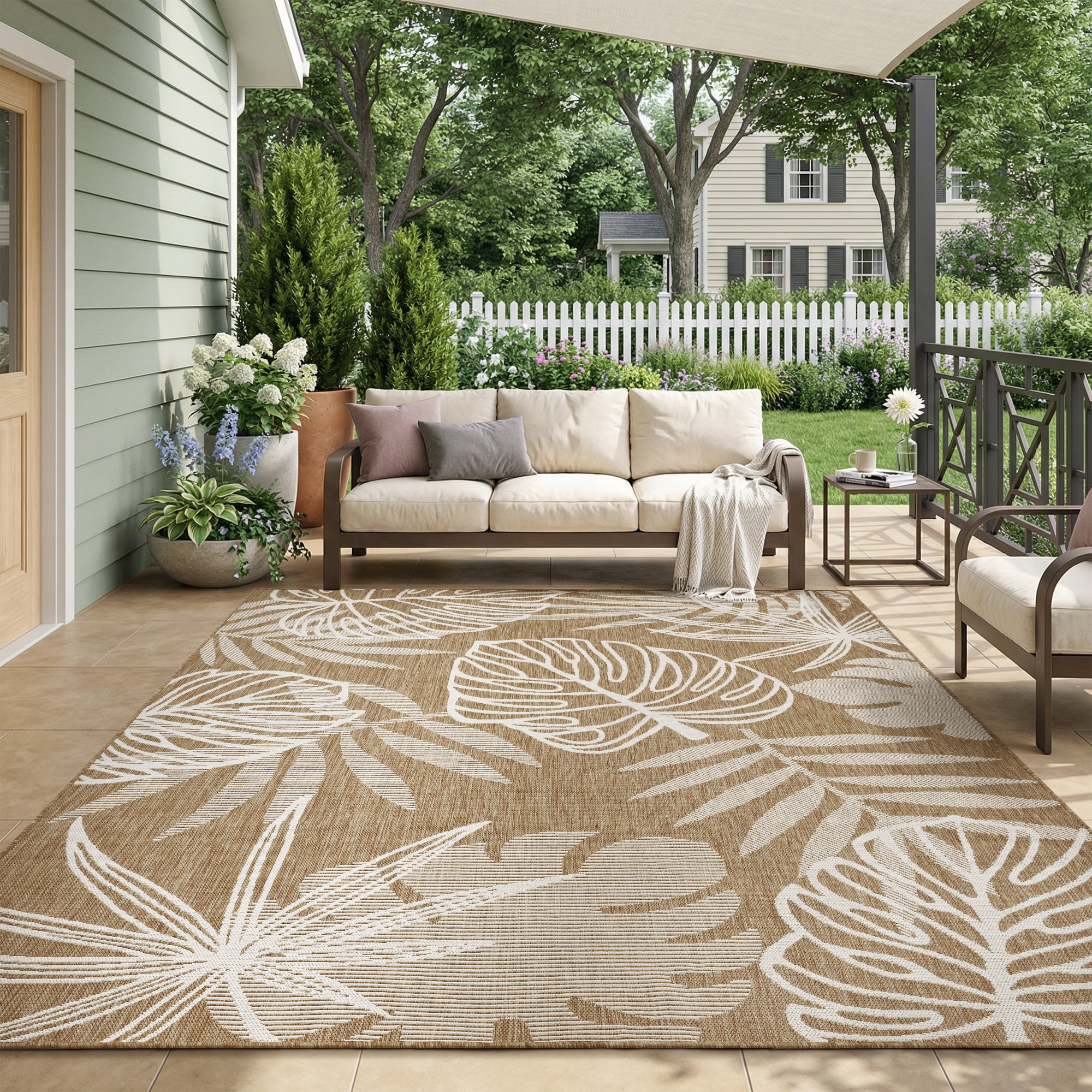 SIXHOME Outdoor Rugs 9'x12' Patio Rug Tropical Indoor Outdoor Rugs Polypropylene Washable Non Shedding, Easy Clean, Waterproof, Durable Outdoor Carpet for Porch Balcony Deck Neutral Brown