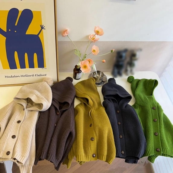 Baozhu Children Knitted Sweaters Cardigan Autumn Winter Cute Solid Color Single-breasted Hooded Coat Baby Cardigan Boys Girls Sweaters