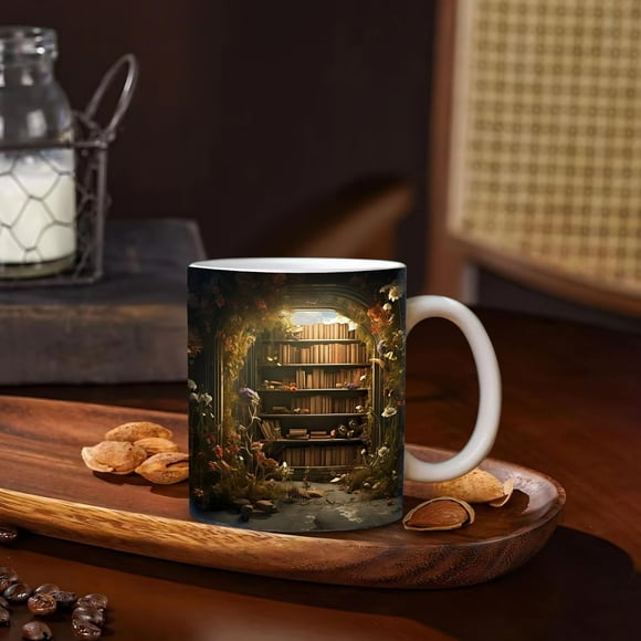 Suncoda Mug, 3 D Creatives Space Bookshelf Ceramic Mugs Study with Coffee Mugs for Book Lovers Gift