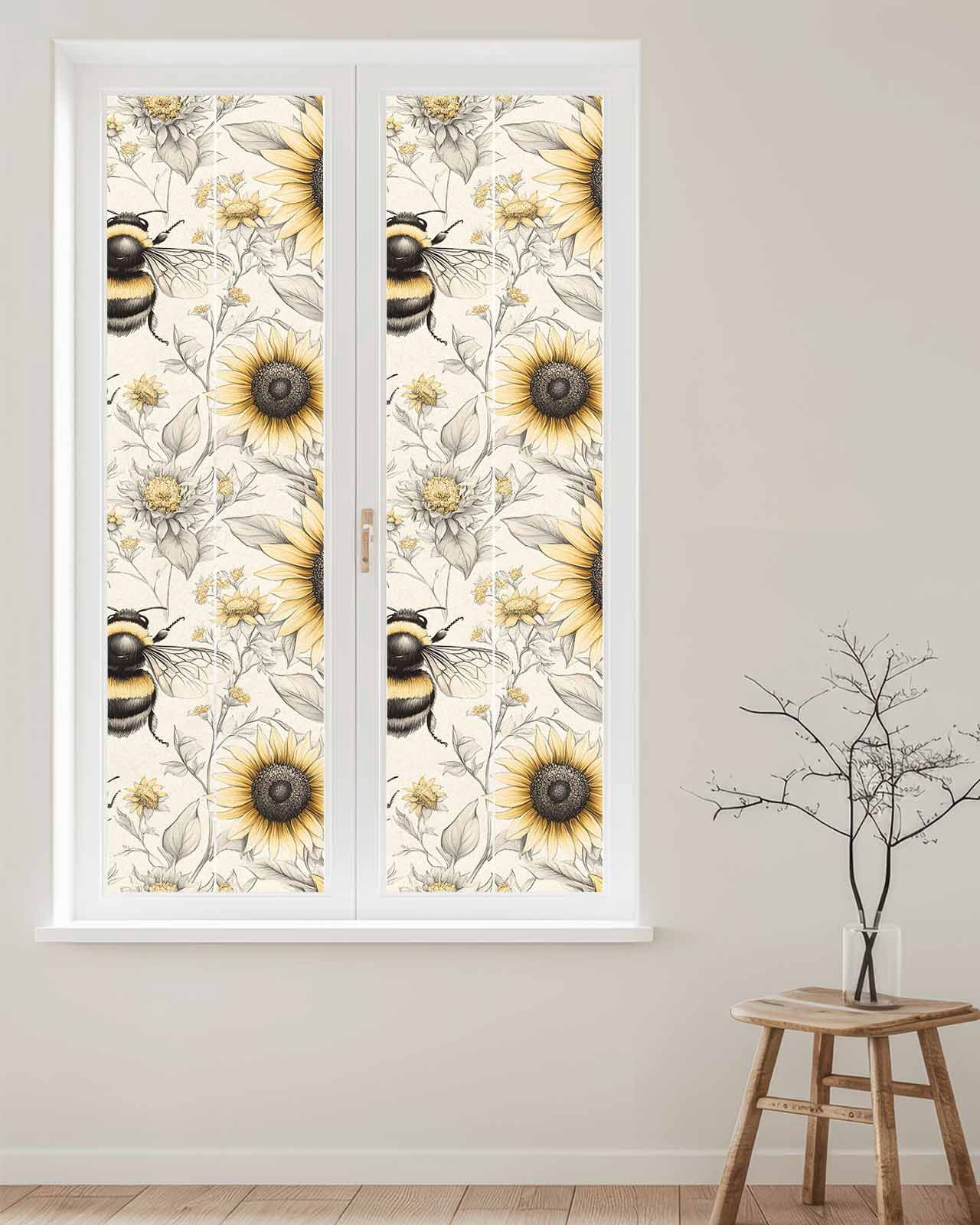 Window Privacy Film Sunflowers Bees Stained Glass Window Film Decorative Sun Block Window Cover Summer Vintage Flowers Leaf Plant Window Clings Static Adhesive Sticker for Bathroom 17.7"x78.7"