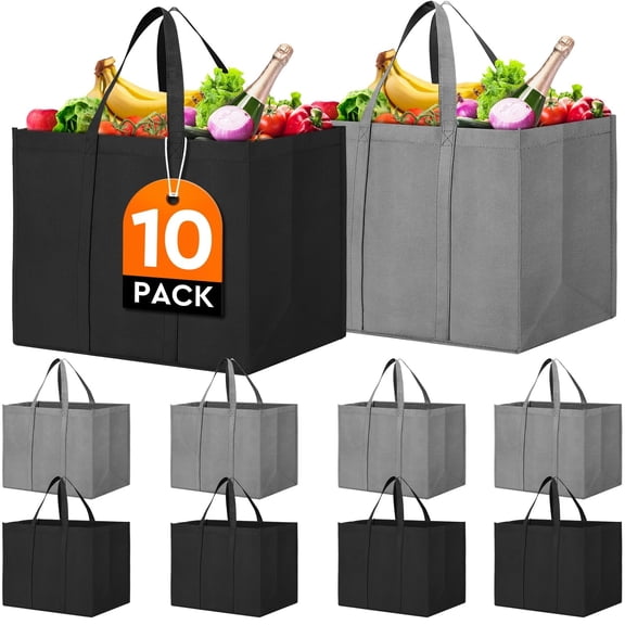 Genreen 10 Pack Heavy Duty Reusable Grocery Bags, Large Foldable Shopping Totes with Long Reinforced Handles, Holds 50lbs, Bulk Eco Friendly Storage Bags for Groceries (Grey & Black)
