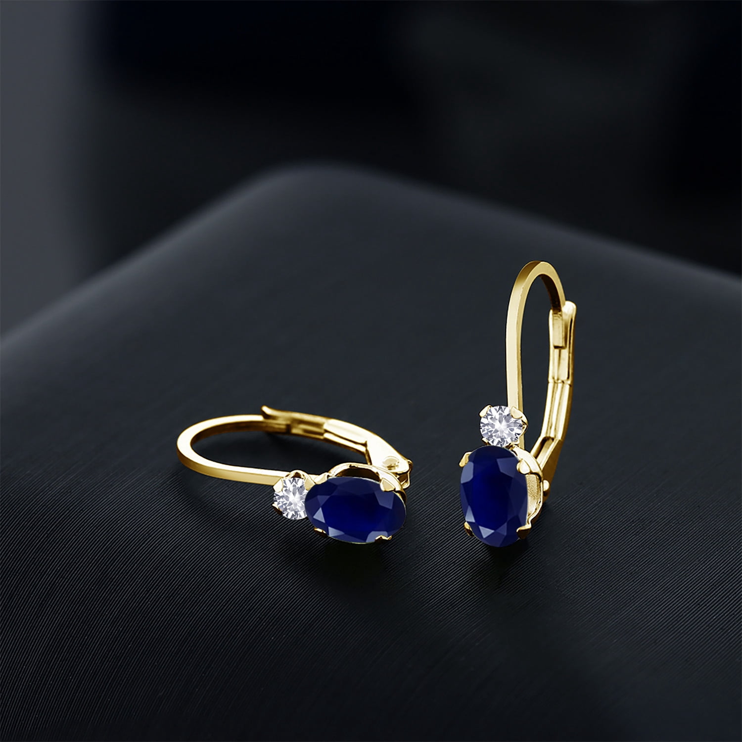 Gem Stone King 14K Yellow Gold Blue Sapphire and White Created Sapphire Leverback Earrings for Women | 1.18 Cttw | Gemstone September Birthstone | Oval 6X4MM, Round 2MM | 3/4 inch