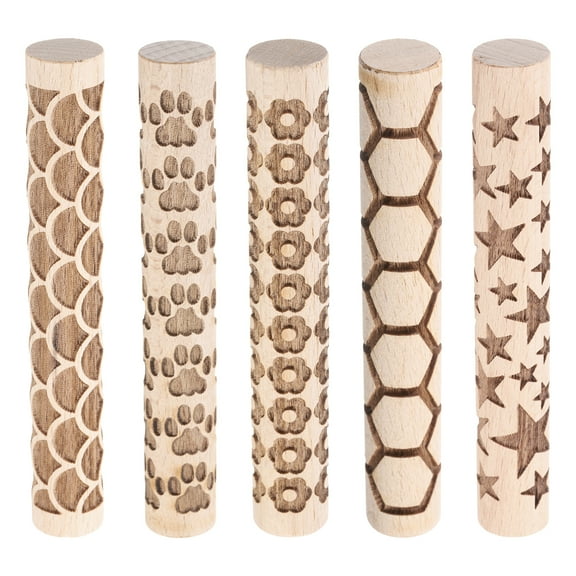 Uxcell 5pcs Wood Clay Roller 4"Flower Paw Print Hexagon Star Fan Pattern Rolling Pins Wood Rollers Pottery Tools Wood Grain Texture Rollers for Clay Baking Dough Playdough DIY