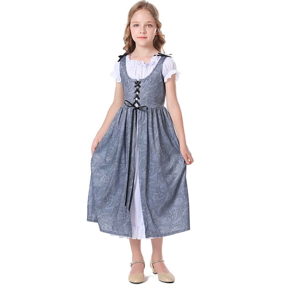 Odeerbi Kids Girls Vintage Dress Renaissance Medieval Lace Up Jacquard Short Sleeve Princess Dress