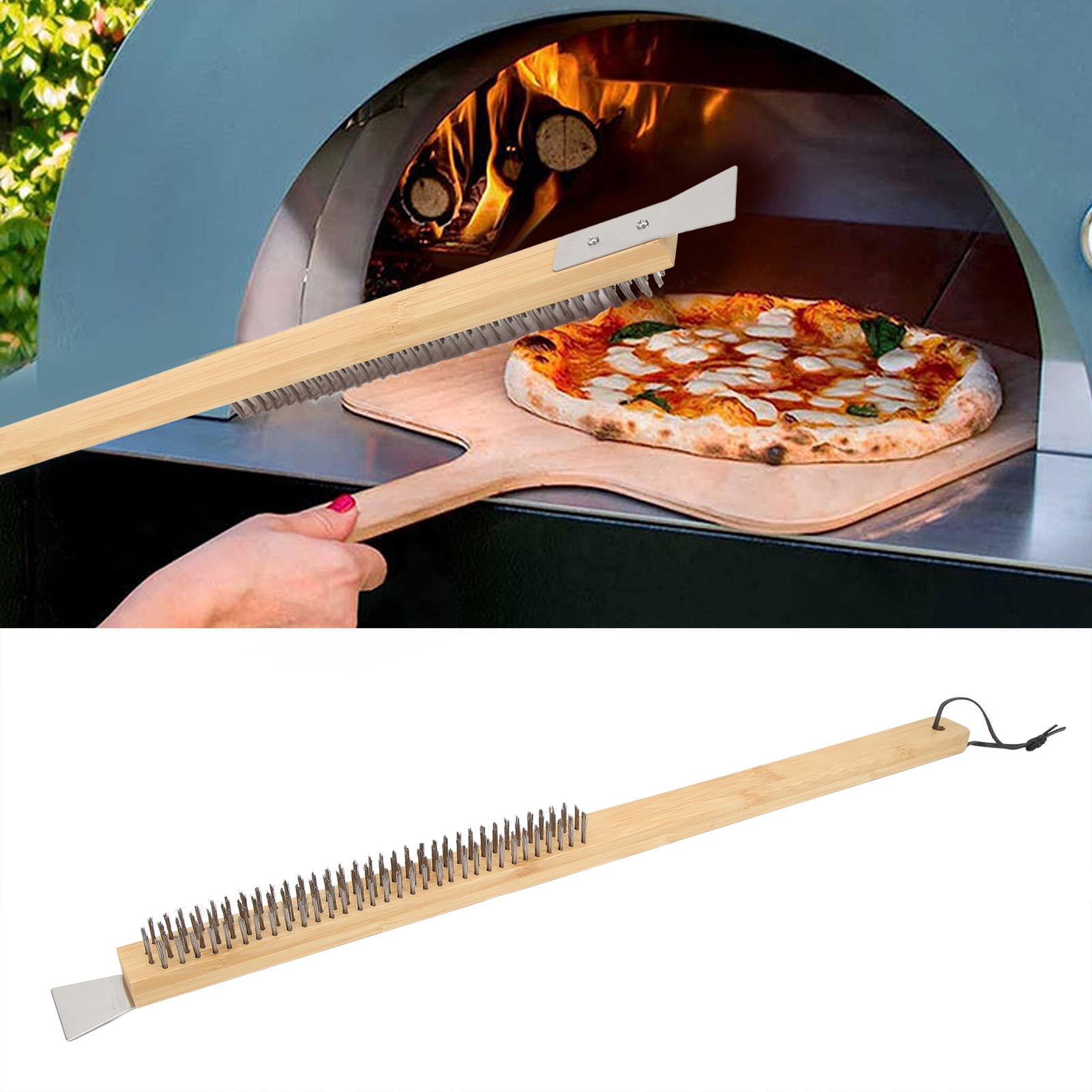 YAHHU Bamboo‑Handled Pizza Oven Brush & Scraper – 57.5 cm Long, Heat‑Resistant Wire Bristles for Pizza Stone & BBQ Grill Cleaning