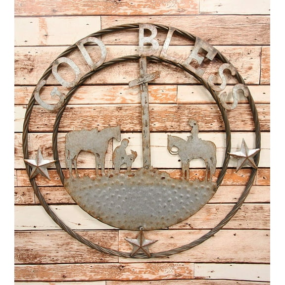 Ebros Oversized 24" Galvanized Metal Circle Wall Decor Praying Cowboys God Bless