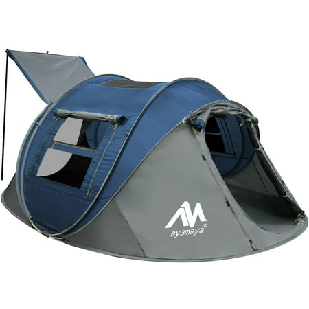 4 Person Pop Up Tents for Camping - AYAMAYA Waterproof Instant Family Tents with Skylight & Removable Rainfly Upgraded Large Size with 2 Doors -Automatic Easy Setup Beach Tent with Poles