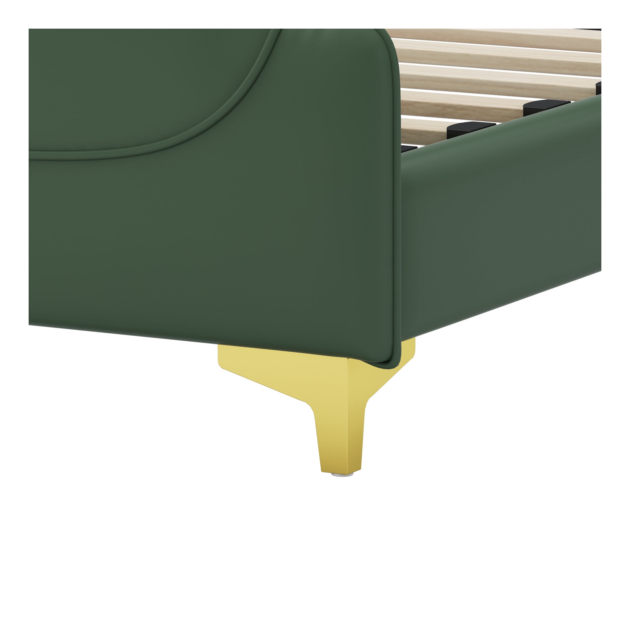 Salas Queen Size Green Modern Upholstered PU Leather Platform Bedframe with Gold Metal Accents and Wingback Headboard