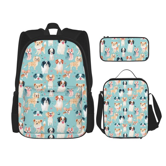 Easygdp Colorful Dog Mochila para Niños y Niñas con Set de Caja de Almuerzo y Estuche para Lápices 3 en 1, Mochila Escolar Estampada para Adolescentes