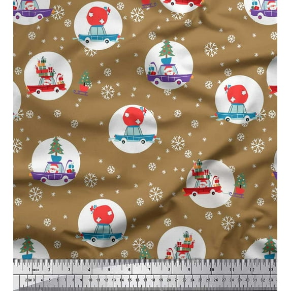 Soimoi Modal Satin Fabric Gift Box,Car & Santa Christmas Print Sewing Fabric Yard 42 Inch Wide
