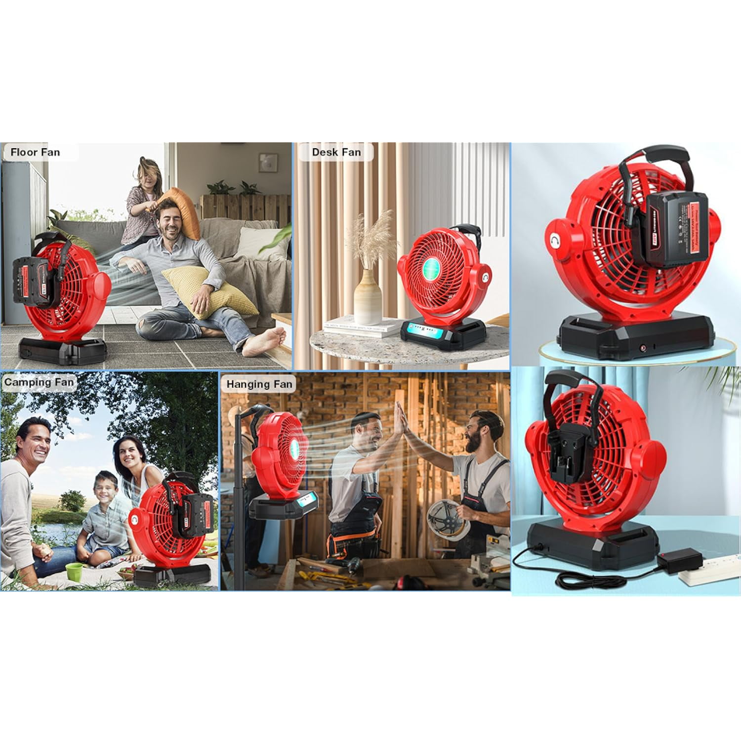 Jobsite Fan Powered by Milwaukee M18 18V Battery/AC Adaptor Portable Battery Powered Fan with Timer 3500CFM Cordless Works Fan for Workshop Construction Site for Camping, Garage, Kitchen, Office