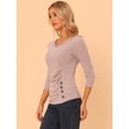 thumbnail image 2 of Top Allegra K acanalado decoración botones punto sólido mangas 3/4 cuello en V Beige RoXS, 2 of 5