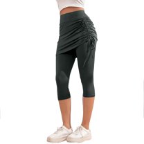 Womens Ruched Skirted Leggings High Waist Tennis Skorts Capris Tie Side Golf Tennis Gym Legging with Mini Skirts Dark Gray, M