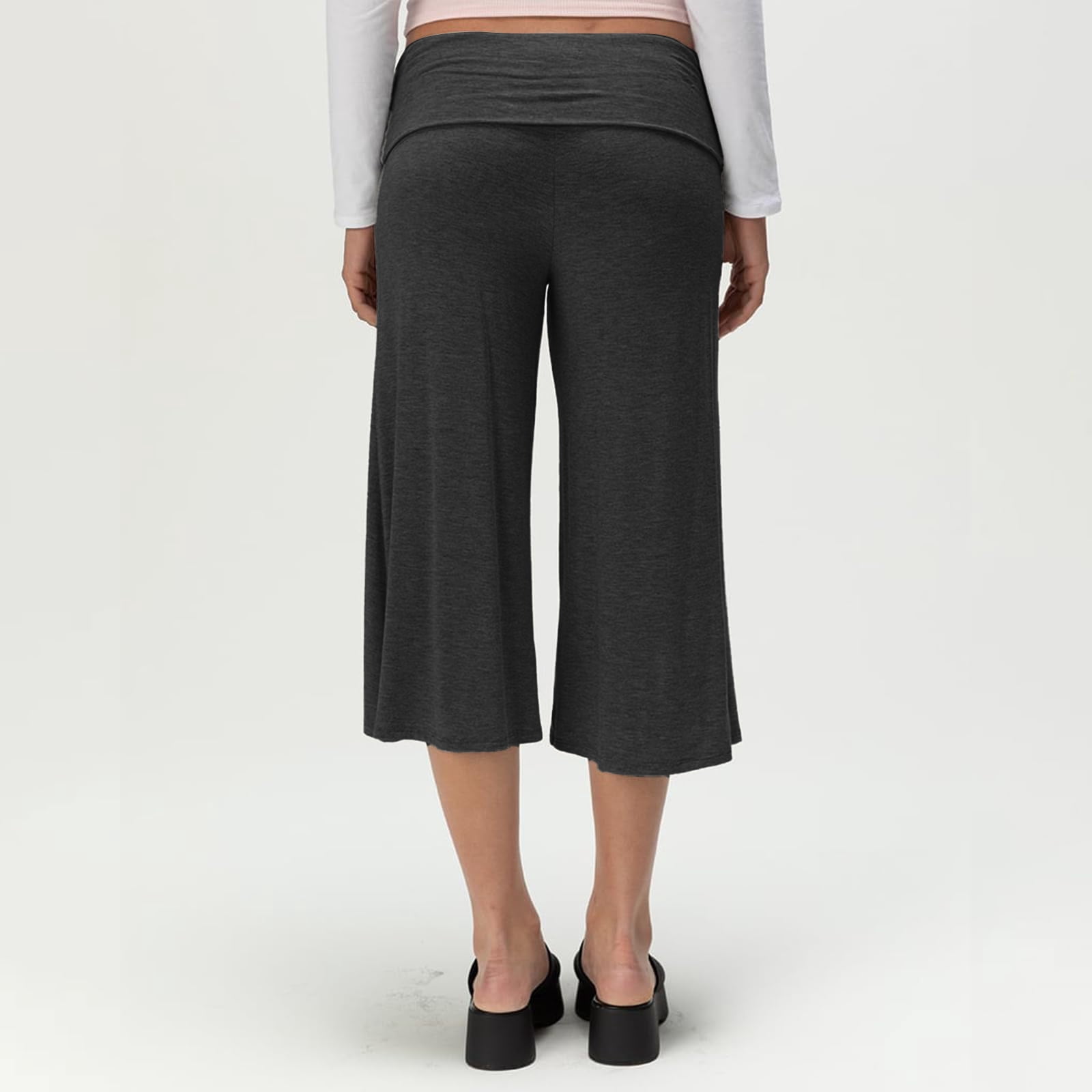 IYYVV Foldover Culottes for Women Low Rise Gauchos Pants Cropped Flowy Wide Leg Palazzo Lounge Yoga Capri Pant Dark Gray S