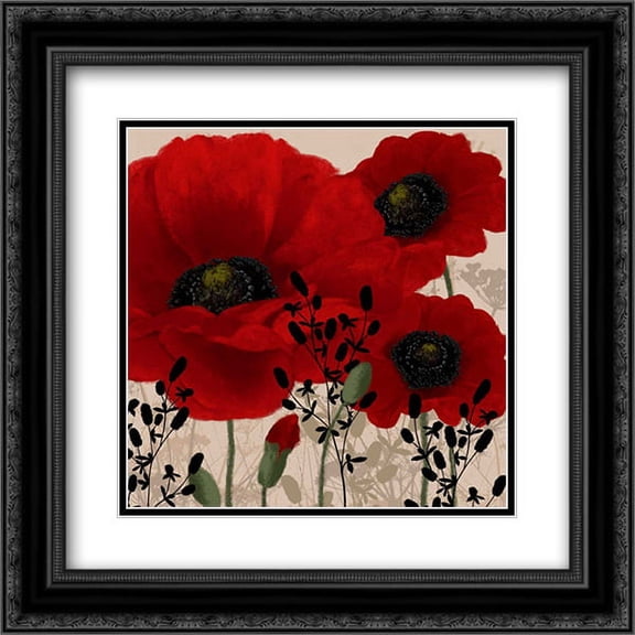 Red poppies II 2x Matted 20x20 Black Ornate Framed Art Print by Linda, Wood