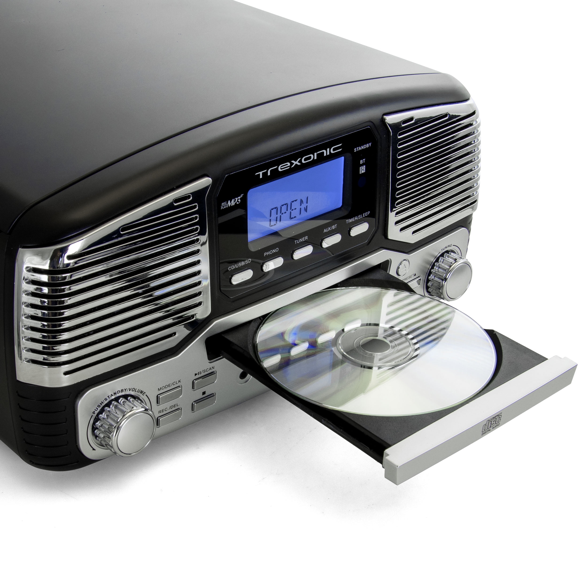 Trexonic Retro Record Player with Bluetooth, CD Players and 3-speed Turntable in black