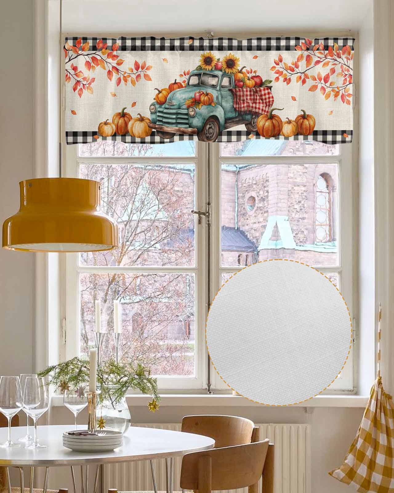Thanksgiving Pumpkins Kitchen Valances for Windows Farmhouse Linen Window Valance Curtain for Living Room Window Treatment Fall Sunflowers Truck Branch Retro Valance Rod Pocket Topper, 42 x 18 Inch