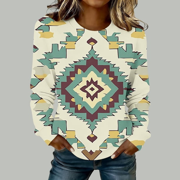 TaTaai Ladies Fashion Retro Western Print Round Neck Regular Shoulder Long Sleeve Sweatshirt Casual Loose Soft Top for Daily Streetwear Office Spring Winter Gift
