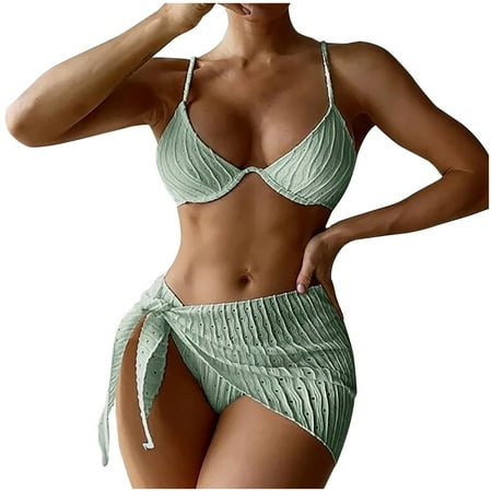 Lopeceal Women 3 Pieces Bikini Set Swimsuits Floral Print Tie Up Halter Sarong Cover Ups Triangle Bikini Beach Skirt Bathing Suit