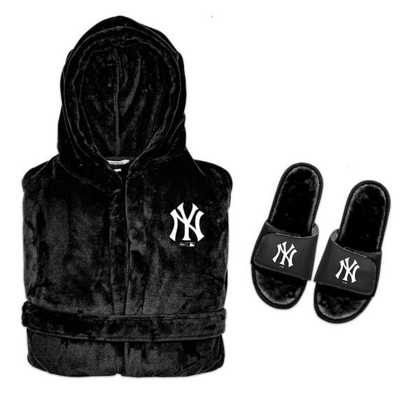 Men's ISlide  Black New York Yankees Hooded Phantom Robe & Fur Slide Bundle