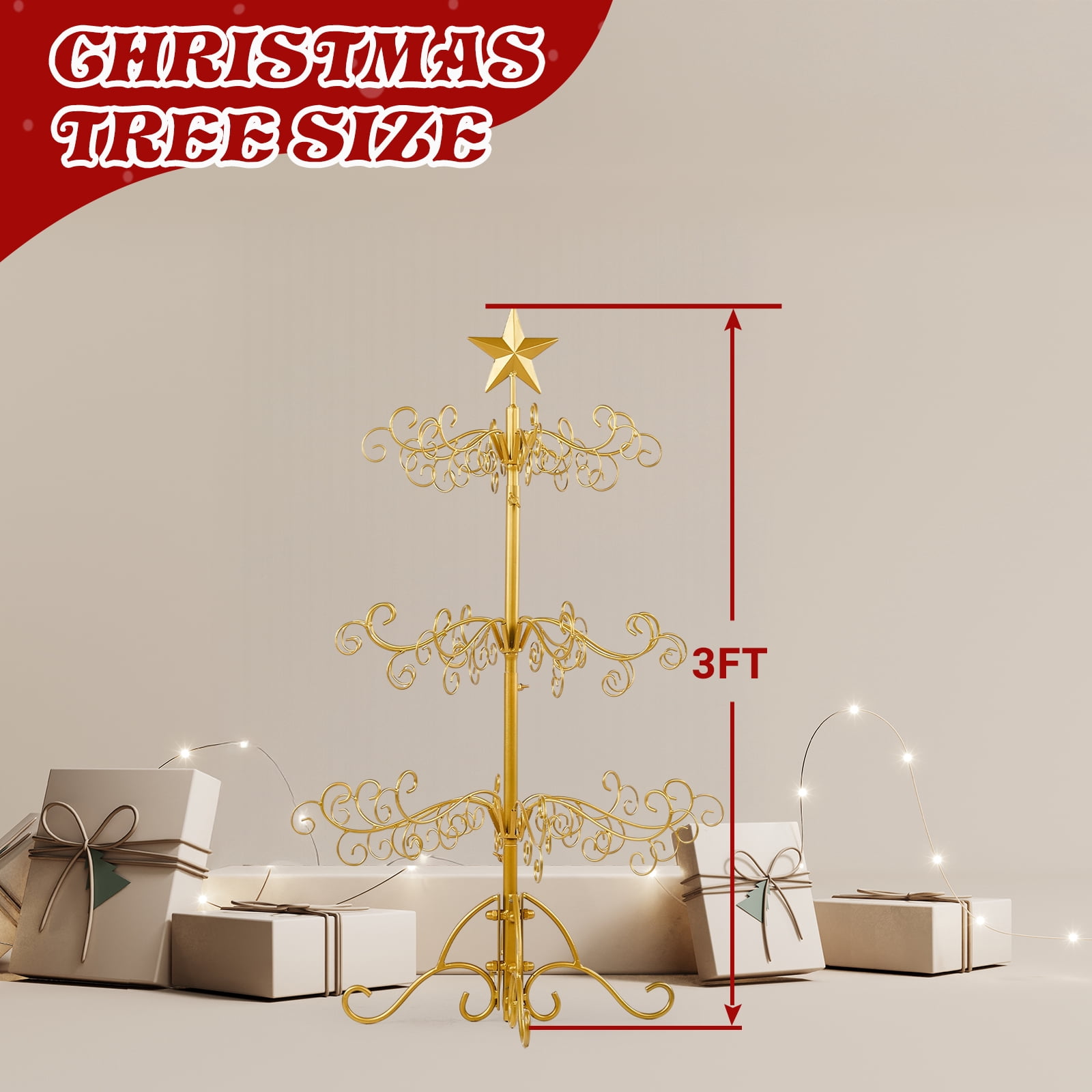 Astoutdoor 3 ft Wrought Iron Christmas Tree, Gold Metal Ornament Display Stand for Holiday Party Home Decor, Indoor and Outdoor Hanger