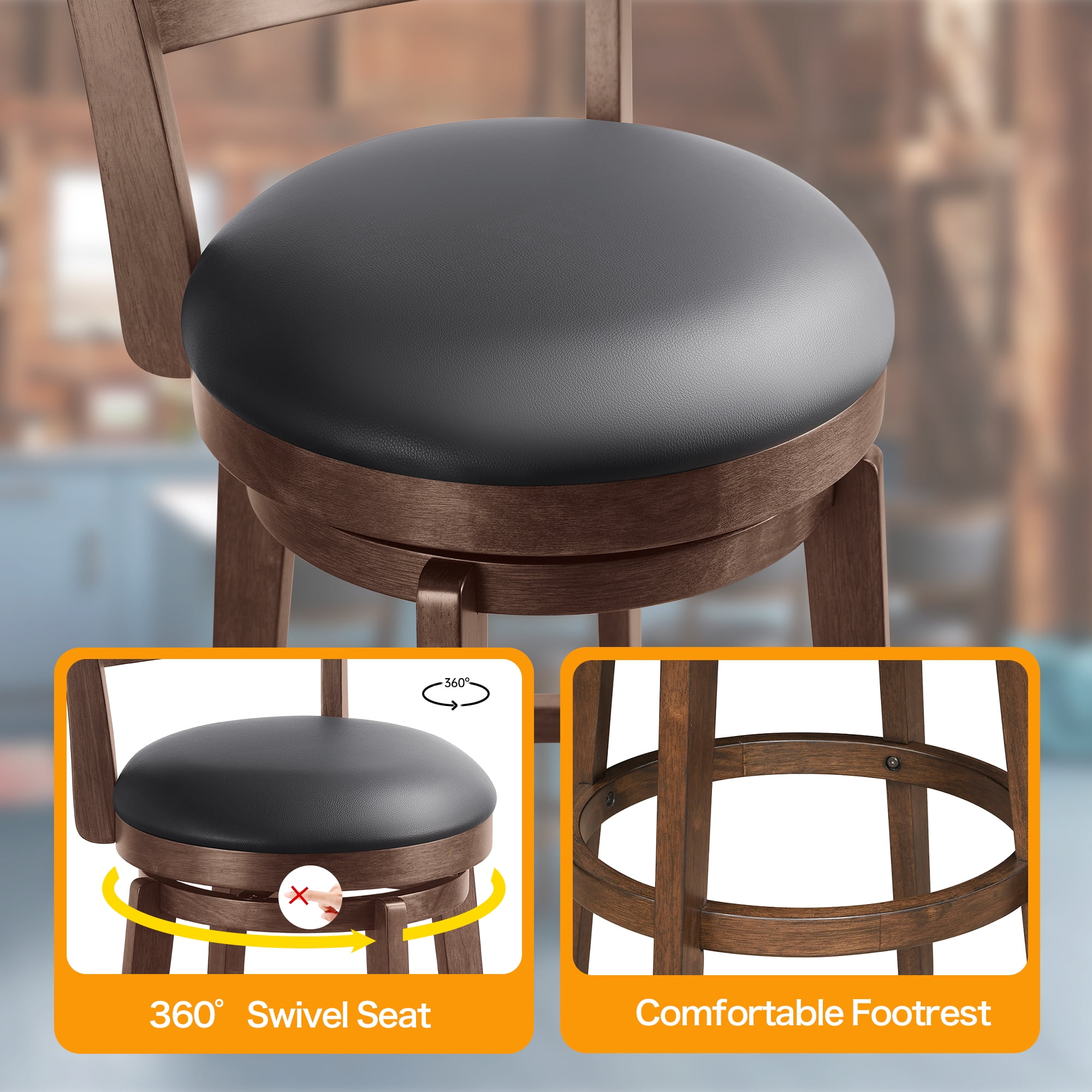 TrumanPick Counter Height Swivel Barstool 24" Seat Bar Stools High Back Leather Bar Chairs for Kitchen Island Cappuccino Finish, 4 Pack