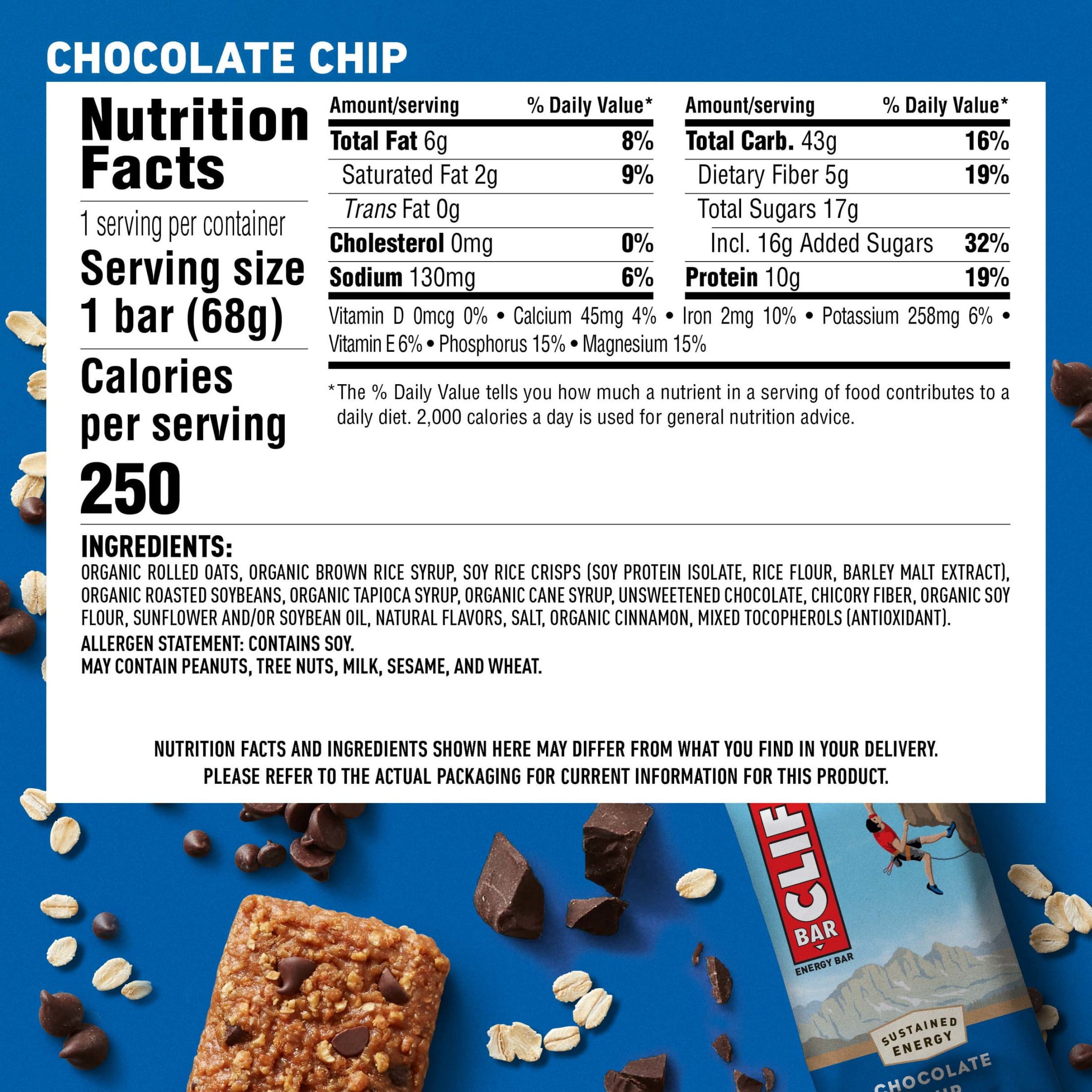 CLIF BAR Chocolate Chip Flavor Energy Bars, Plant Based Protein Bars, 6ct