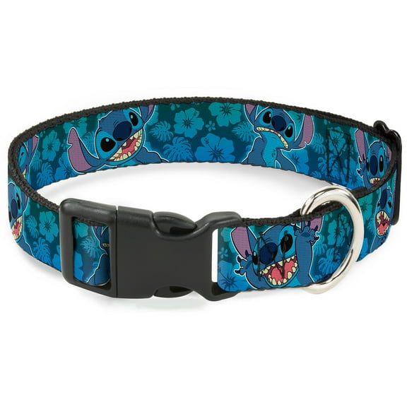 Disney Pet Collar, Dog Collar Plastic Buckle, Stitch Expressions Hibiscus Collage Green Blue Fade, 7 to 8.5 Inches 0.5 Inch Wide
