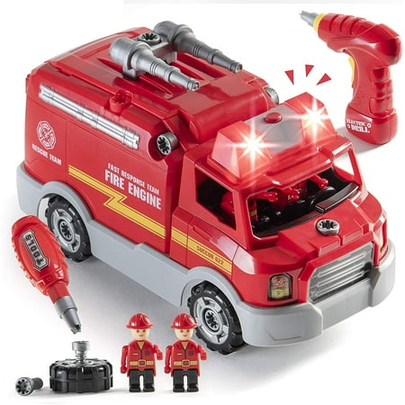 Prextex Take Apart Toy with Working Drill for Boys & Girls, Build Your Own Fire Truck Toy Educational Playset with Tools and Power Drill, DIY Assembly Truck with Realistic Sounds & Lights