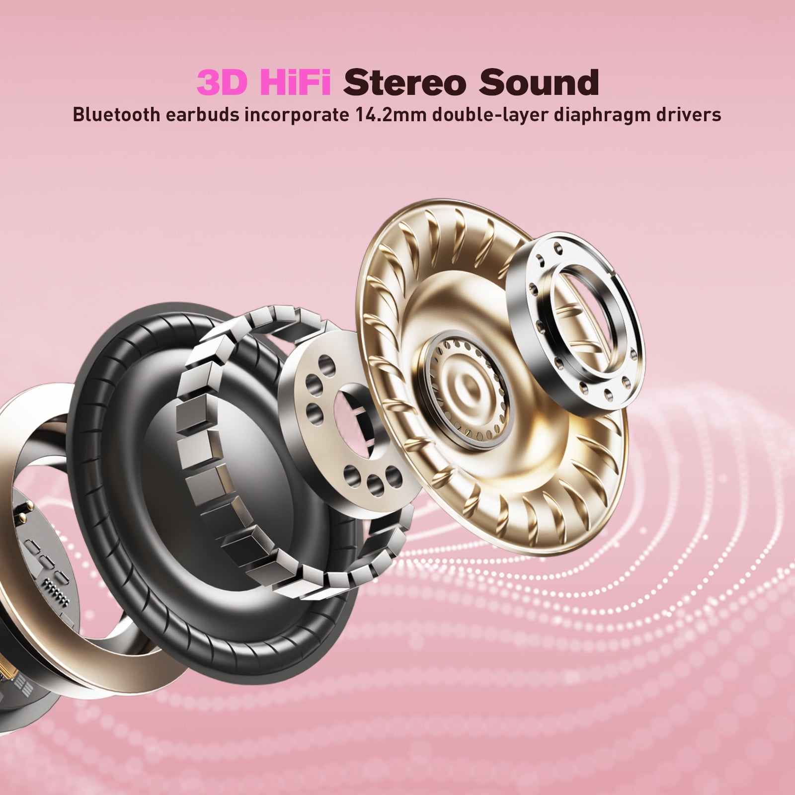 Wireless Earbuds Bluetooth Headphones - ETEPPEHI Bluetooth 5.3 Stereo Ear Buds with Earhooks, ENC Noise Cancelling Mic, IP7 Waterproof Earphone for Workout/Running, Pink