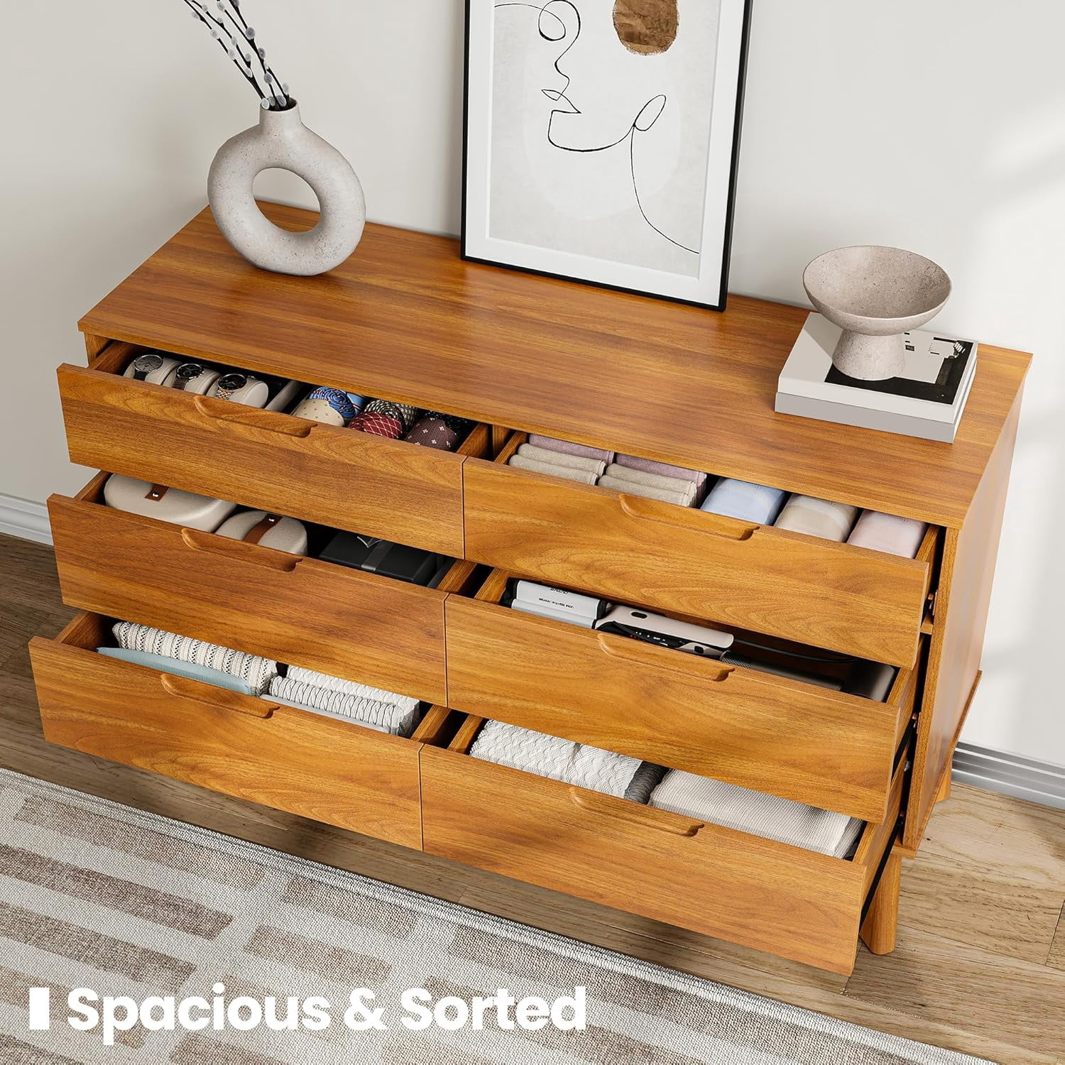 47" Wide 6 Drawer Dresser, Mid-Century Modern Double Dresser with Walnut Finish, Large Horizontal Chest of Drawers for Bedroom, Wood Storage Cabinet, Caramel