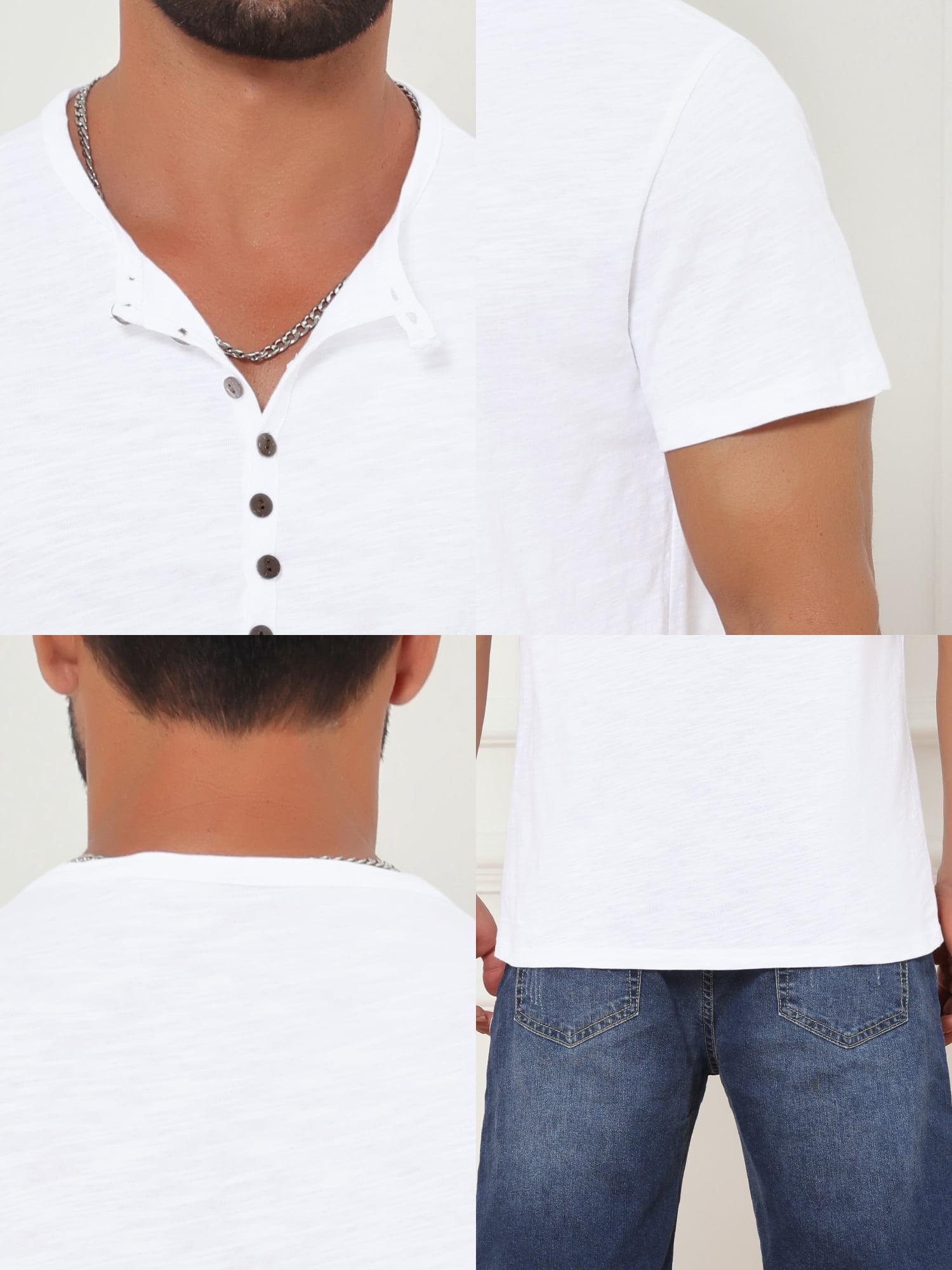 DARING DIVA Men's Retro Henley Texture Button Down Short Sleeve T-Shirt S White