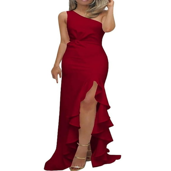 Women Sexy Oblique Shoulder Gown Ruffles Mermaid Dress Long Slit Maxi Evening Party Prom Dress