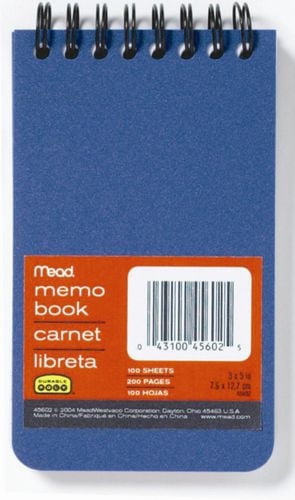 Poly Memo Book, 3 x 5, 200 Pages, Poly cover with college ruled white paper and one-hole punched.